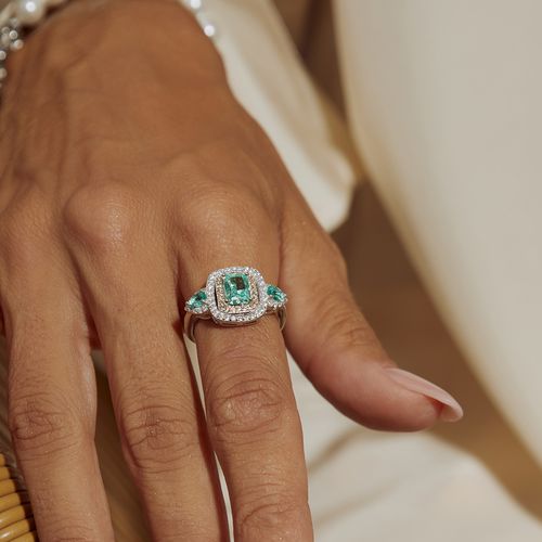 Anel Retângulo e Gotas com Zircônia Crushed Ice Cutting Paraiba, Zircônias Champagne e Brancas - Prata 925