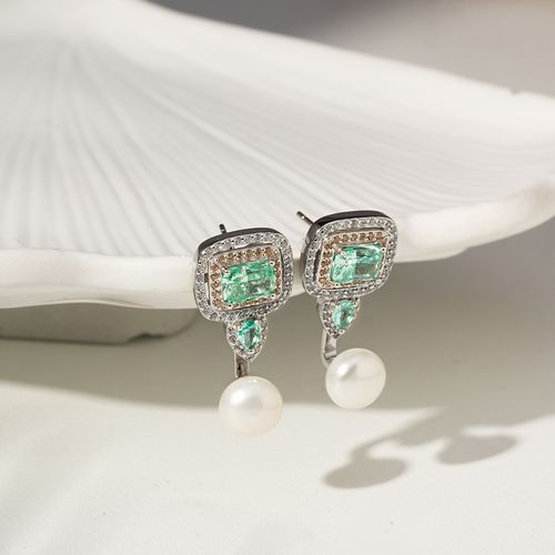 Brinco Earjacket Retângulo e Gotas com Zircônia Crushed Ice Cutting Paraiba, Pérola de Água Doce e Zircônias Champagne e Brancas - Prata 925