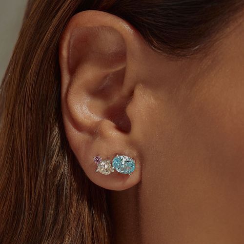 Brinco Oval e Coração com Zircônia Ice Cut Light Sky Blue, Zircônia Ice Cut Fancy Peach Br e Zircônia Turmalina Rosa - Prata 925