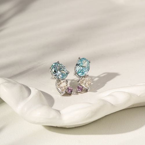 Brinco Oval e Coração com Zircônia Ice Cut Light Sky Blue, Zircônia Ice Cut Fancy Peach Br e Zircônia Turmalina Rosa - Prata 925