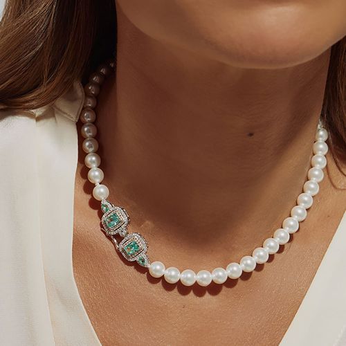 Colar Retângulo e Gotas com Zircônia Crushed Ice Cutting Paraiba, Pérolas Shell e Zircônias Champagne e Brancas 40cm - Prata 925