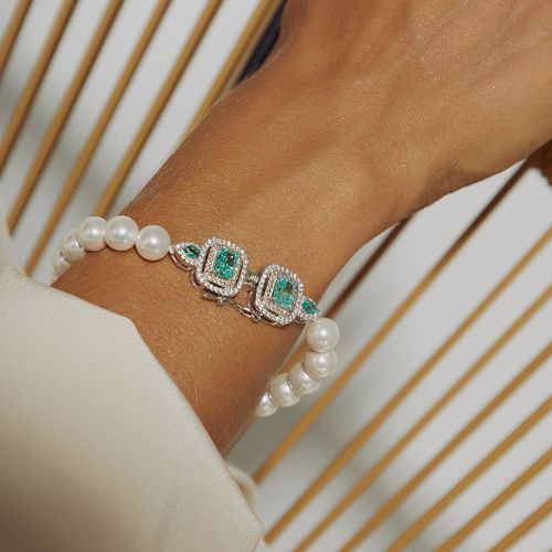 Pulseira Retângulo e Gotas com Zircônia Crushed Ice Cutting Paraiba, Pérolas Shell e Zircônias Champagne e Brancas 17,5cm - Prata 925