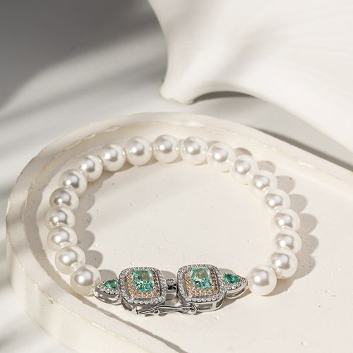 Pulseira Retângulo e Gotas com Zircônia Crushed Ice Cutting Paraiba, Pérolas Shell e Zircônias Champagne e Brancas 17,5cm - Prata 925