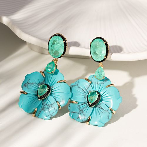 Brinco Maxi Flor e Oval de Turquesa Lab, Fusion Turmalina e Zircônias Negras - Banho de Ouro 18k