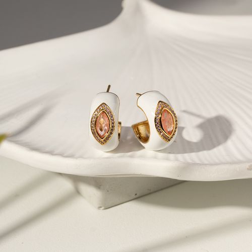 Brinco Maxi Navete de Fusion Morganita, Zircônias Rosa e Esmalte Resina White - Banho de Ouro 18k