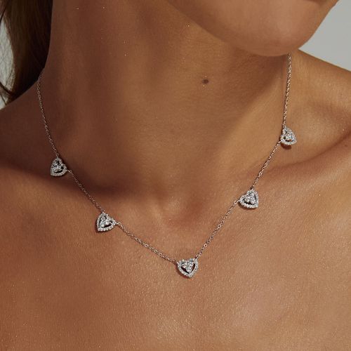 Colar 5 Corações Cravejados com Zircônias Premium Branca 48cm - Prata 925