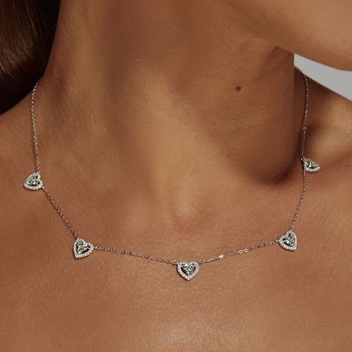 Colar 5 Corações Cravejados com Zircônias Turmalina Paraiba e Zircônias Brancas 48cm- Prata 925