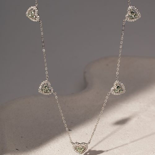Colar 5 Corações Cravejados com Zircônias Turmalina Paraiba e Zircônias Brancas 48cm- Prata 925