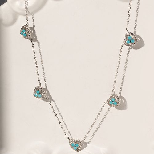 Colar 5 Corações Cravejados com Zircônias Turquesa e Zircônias Brancas 48cm - Prata 925