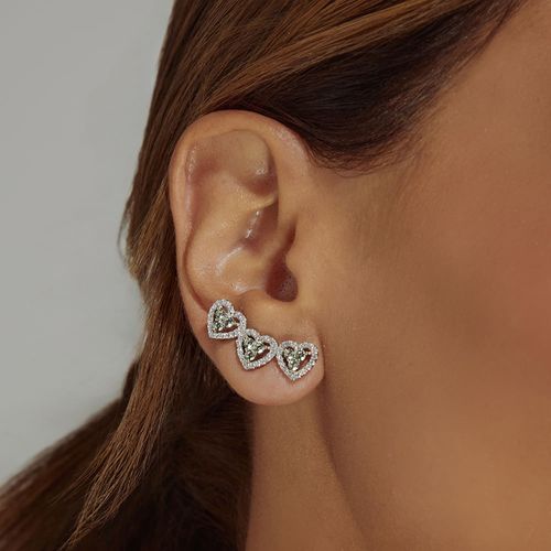 Brinco Earcuff Corações Cravejados com Zircônias Turmalina Paraiba e Zircônias Brancas - Prata 925