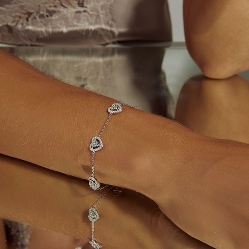 Pulseira Corações Cravejados com Zircônias Turmalina Paraiba e Zircônias Brancas 19cm - Prata 925
