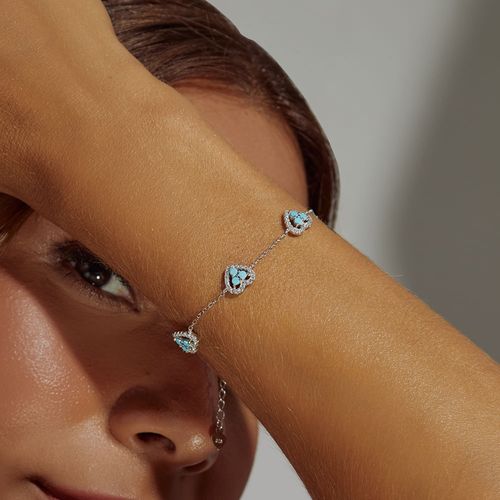 Pulseira Corações Cravejados com Zircônias Turquesa e Zircônias Brancas 19cm - Prata 925