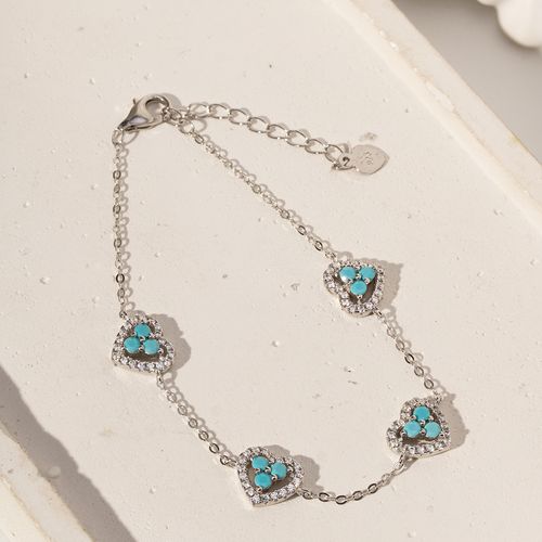 Pulseira Corações Cravejados com Zircônias Turquesa e Zircônias Brancas 19cm - Prata 925