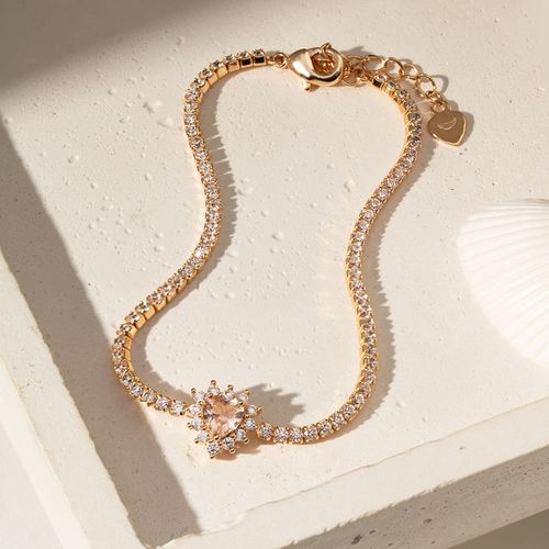 Pulseira Coração Cristal Morganita e Zircônias Brancas 19cm - Banho de Ouro 18k