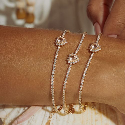 Pulseira Coração Cristal Morganita e Zircônias Brancas 19cm - Banho de Ouro 18k