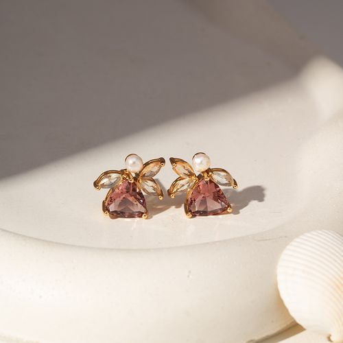 Brinco Trillion com Cristal Rodolita, Pérolas de água Doce e Cristais Topázio Azul e Citrino - Banho de Ouro 18k