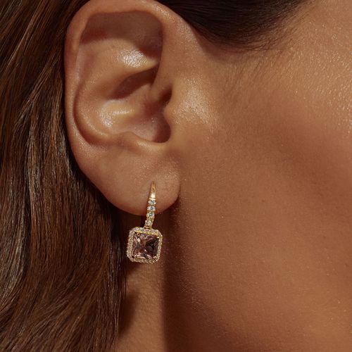 Brinco Argola Quadrado com Cristal Rodolita e Zircônias Brancas Fecho Click - Banho de Ouro 18k