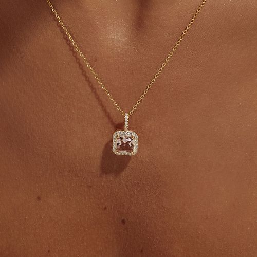 Colar Quadrado Cristal Rodolita e Zircônias Brancas 50cm - Banho de Ouro 18k