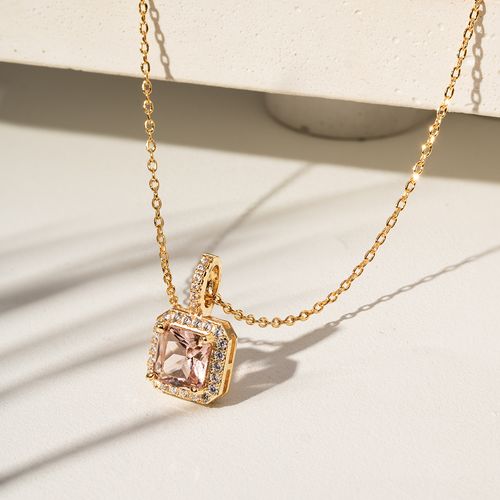 Colar Quadrado Cristal Rodolita e Zircônias Brancas 50cm - Banho de Ouro 18k