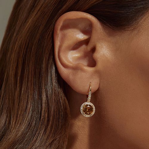 Brinco Argola Redondo com Cristal Citrino e Zircônias Brancas Fecho Click - Banho de Ouro 18k