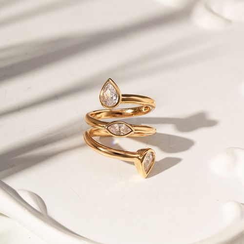 Anel Gotas e Navetes com Zircônias Brancas - Banho de Ouro 18k