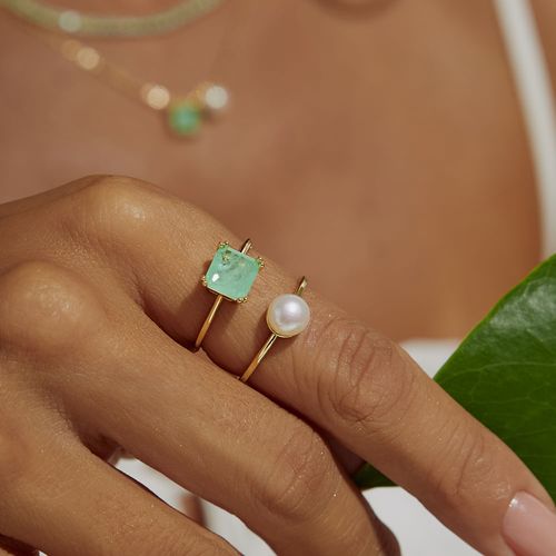Kit com 2 Anéis Quadrado de Fusion Esmeralda Colombiana e Solitário de Pérola Água Doce - Banho de Ouro 18k