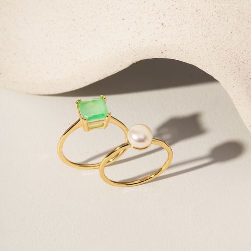 Kit com 2 Anéis Quadrado de Fusion Esmeralda Colombiana e Solitário de Pérola Água Doce - Banho de Ouro 18k