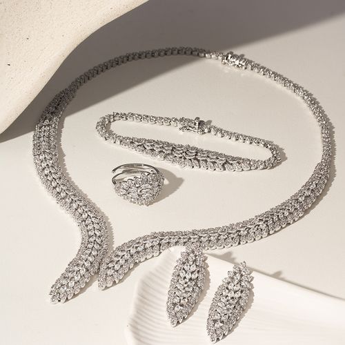 Conjunto Maxi Navetes com Brinco, Colar 50cm , Anel e Pulseira 19cm Inteiro Cravejado de Zircônias Brancas - Banho de Ródio Branco