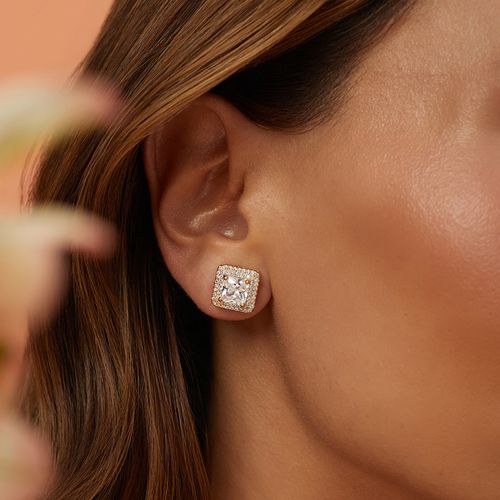 Conjunto Brinco e Colar Quadrado 7x7 com Zircônias Brancas 50cm - Banho de Ouro 18k