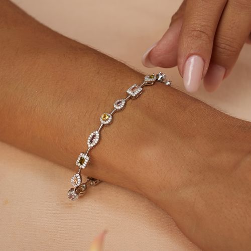 Pulseira Riviera Formas Mix de Cristais com Citrino, Rodolita, Peridoto, Dark Rodolita e Zircônias Brancas 18cm - Prata 925