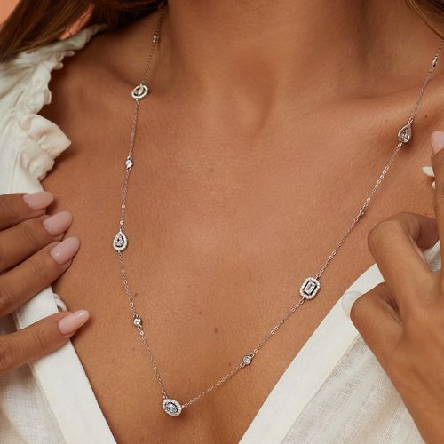 Colar Formas Color com Cristais Crushed Ice Cutting Fancy Yellow, Fancy Pink, Fancy Light Blue e Zircônias Brancas 75cm - Prata 925