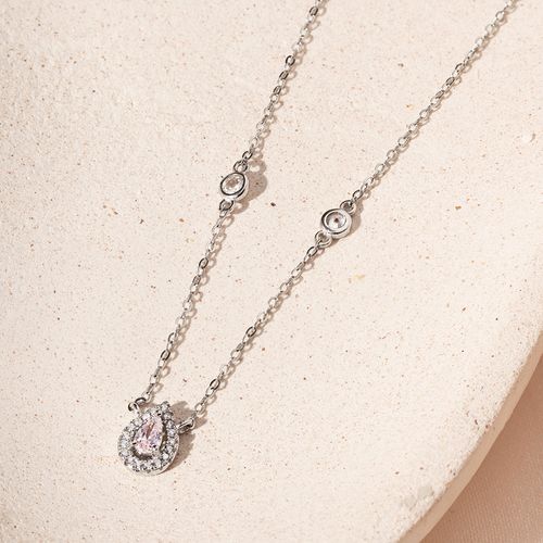 Colar Gota com Zircônia Crushed Ice Fancy Pink e Zircônias Brancas 50cm - Prata 925