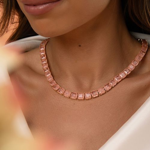 Colar Riviera Inteira Quadrados com Fusion Morganita 43cm - Banho de Ouro 18k