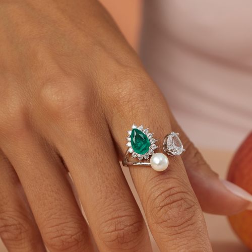 Anel Gotas com Fusion Esmeralda, Pérola de Água Doce e Zircônias Brancas - Prata 925