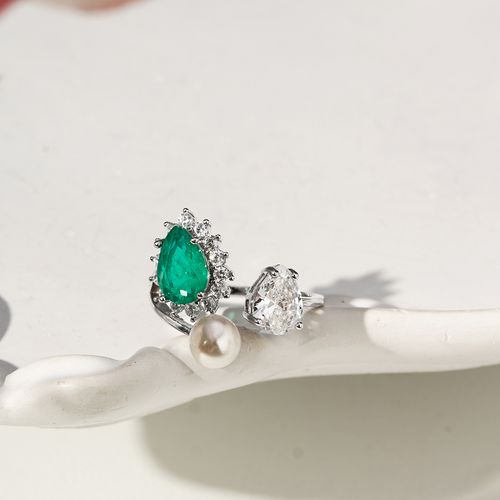 Anel Gotas com Fusion Esmeralda, Pérola de Água Doce e Zircônias Brancas - Prata 925
