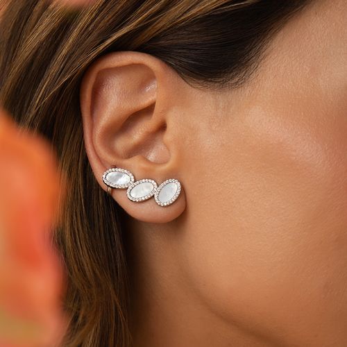 Brinco Ear Cuff Ovais com Madrepérola e Zircônias Brancas - Prata 925