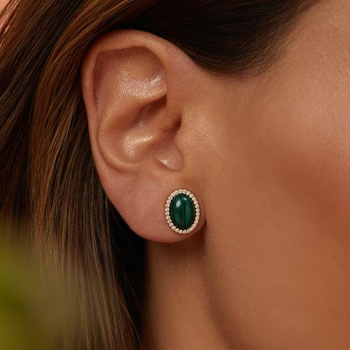 Brinco Oval com Malaquita Lab e Zircônias Brancas - Banho de Ouro 18k