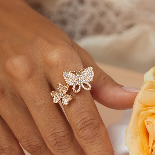 Anel Borboleta e Trevo com Zircônias Brancas - Banho de Ouro 18k