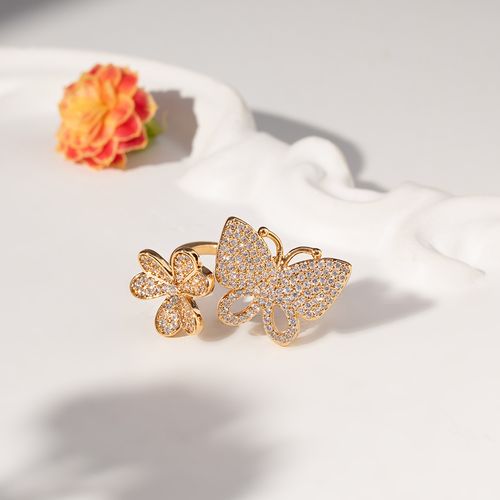 Anel Borboleta e Trevo com Zircônias Brancas - Banho de Ouro 18k