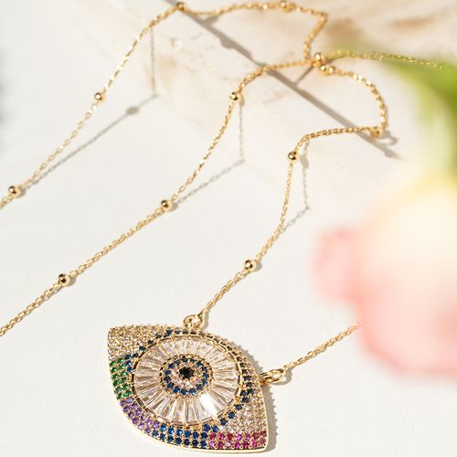 Colar Olho Color com Zircônias Coloridas 50cm - Banho de Ouro 18k