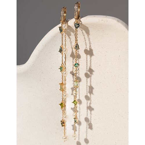 Brinco Ear Bling Longo Formas Versátil com Pérolas Coreanas e Cristais Paraíba, Peridoto e London Blue - Banho de Ouro 18k