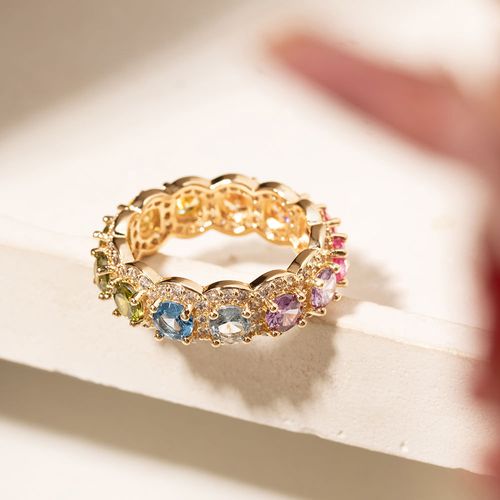 Anel Aliança Redondos com Cristal Turmalina Rosa, Cristal Citrino, Cristal Peridoto e Zircônias Brancas - Banho de Ouro 18k