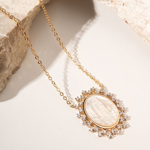 Colar Medalha Nossa Senhora das Graças com Madrepérola e Zircônias Brancas 50cm - Banho de Ouro 18k