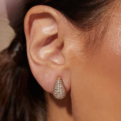 Brinco Gota Pera Cravejada Zircônia Branca 14mm - Banho de Ouro 18k