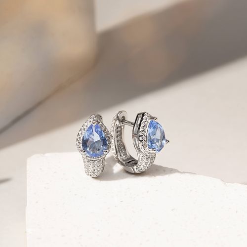 Brinco Gota com Cristal London Blue e Zircônias Brancas - Prata 925