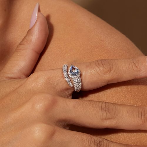 Anel Gota com Cristal London Blue e Zircônias Brancas - Prata 925