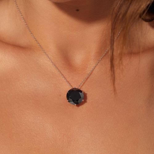 Colar Lapidação Brilhante Moissanite Negra 15mm / 12.1ct | Moissan Obsidian 50cm - Prata 925
