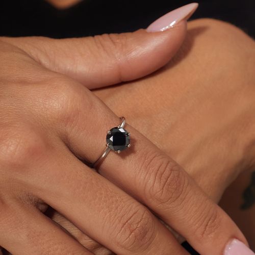 Anel Solitário Lapidação Brilhante Moissanite Negra 8mm / 2.0ct | Moissan Obsidian - Prata 925