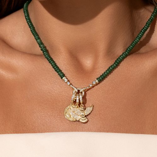 Colar Patuá Medalha São Bento, Espírito Santo, Coração com Zircônias Brancas e Fio Agata Verde Sintética 45cm - Banho de Ouro 18k